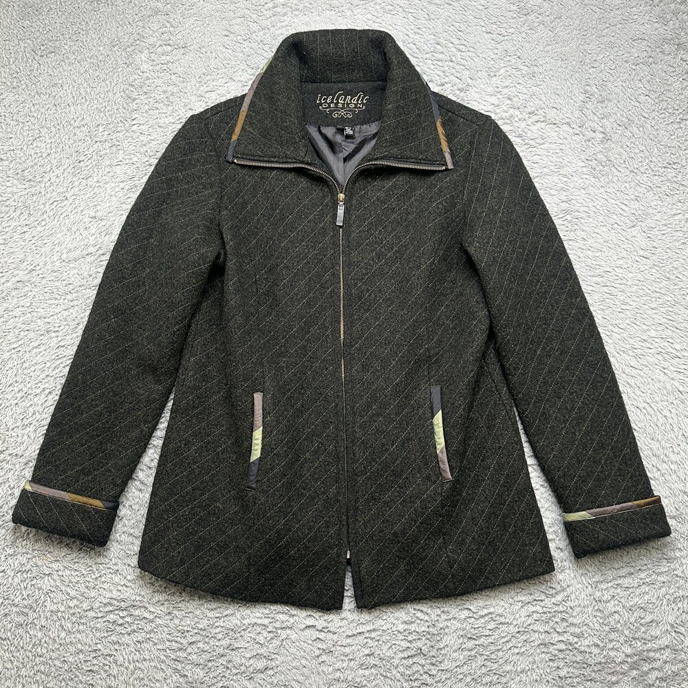 Icelandic Design Jacket Womens M Black Wool Striped Full Zip